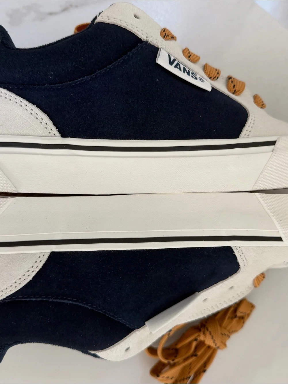 Vans Men’s Chukka Sneakers in Navy and Cream with Tan Laces